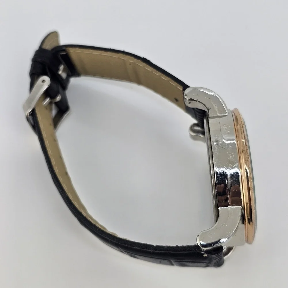 Men's Analog Watch 43MM Black Dial‎ Black Faux Leather Bands New Battery